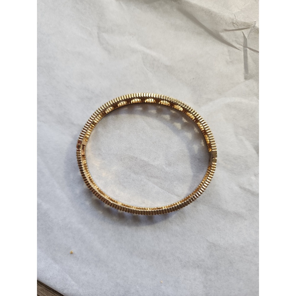 Gold Tone Quatrefoil Clover Crystal Pave Hinged Bangle Bracelet